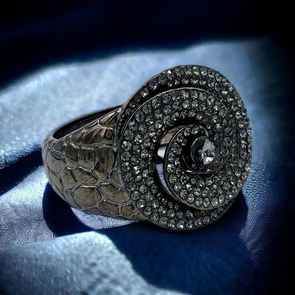 Statement Bracelet Pave Rhinestone Floral Swirl Gem Gun Metal Reptile Print Cuff - Picture 11 of 11